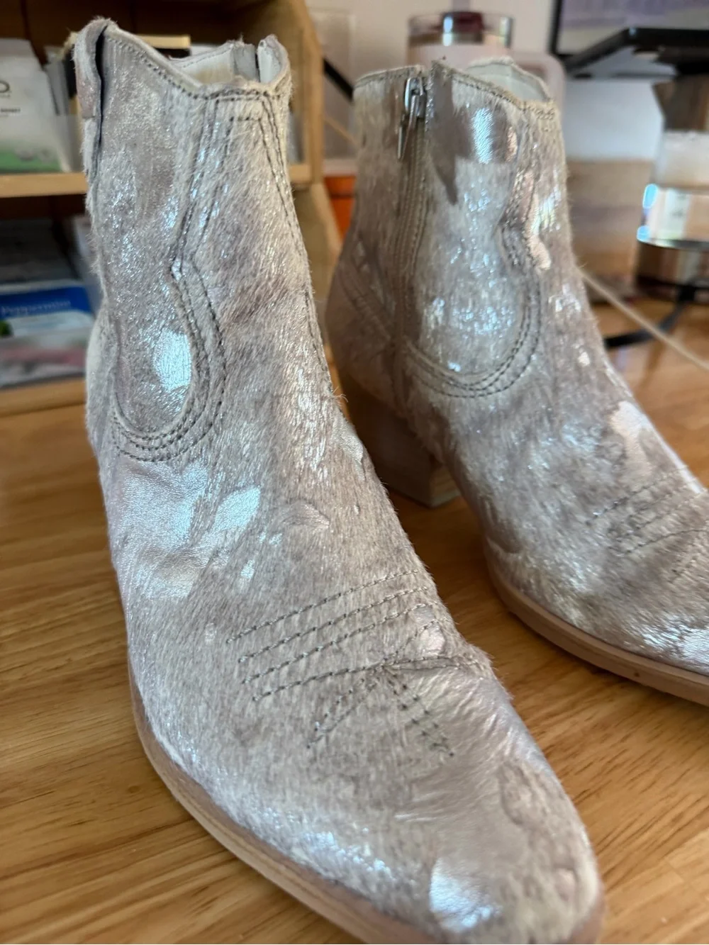 Dolce Vita Metallic Silver Hair-On Leather Ankle Boots